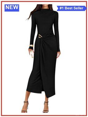 Womens Fall Long Sleeve Mock Neck Ruched Bodycon Midi Dress